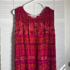 Vintage vacation dress, red orange magenta floral/tropical patterns, 90’s